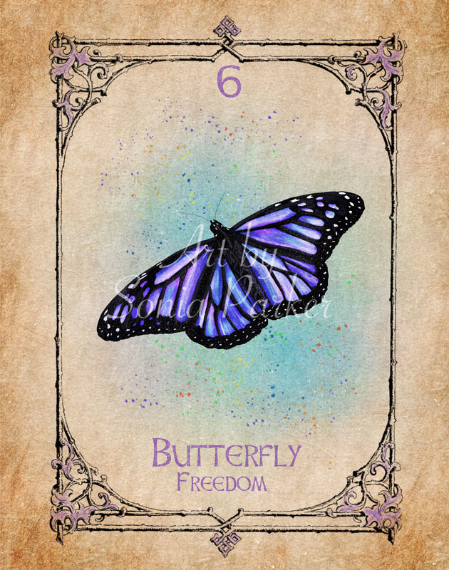 Butterfly, animal Spiirit Guide number 6 Spirit Set. Dark Blue butterfly with wings outstretched against a light blue sky.