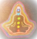 A body sitting in the Om position, palms upwards, with Auric colours displaying the seven layers of the aura with different colours and the seven chakras's
