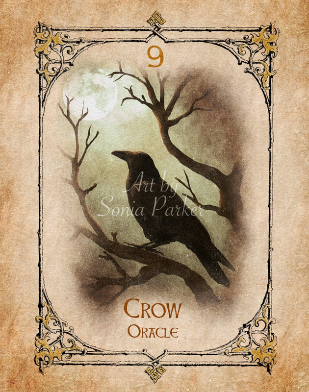Crow, Animal Spirit Guide, Oracle Card, Crow number 9 of the Air set. The spiritual meaning of the crow is one of contemplation
