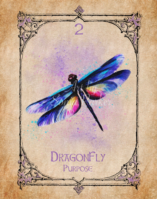 Dragonfly, Animal Spirit Guide, Oracle Card, Dragonfly number 5 of the Spirit set. Dragonfly showing blue, green and silver wings, shades of purple, yellow red reflecting in the underwings and hovering over a violet pink misty cloud that encourages it to shine in all its glory.