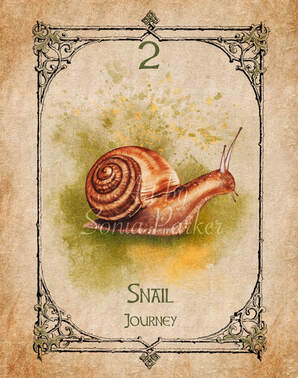 Snail, Animal Spirit Guide, Oracle Card, Snail number 2 Earth set.  Snail is enjoying the day, is moving across a green, brown hazy background with head up and joy in his heart.