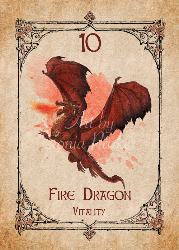 fire dragon, animal spirit guide, Oracle Card, number 10 of the fire set. Dragon is all shades of red, it has flown up and is ready to swoop. From the animal spirit oracle deck by The Spiritual Centre.