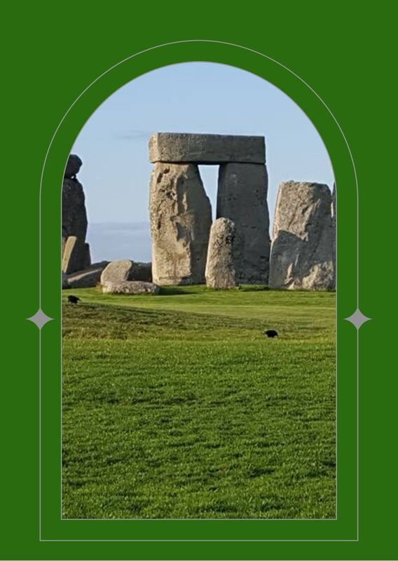 Stone Henge seen through a green arched window