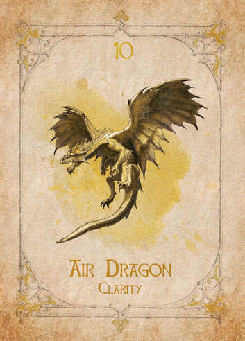 Air Dragon, animal spirit guide, Oracle Card, number 10 of the air set. A beautiful Dragon Hovering and waiting to be called. Surrounded by clouds.