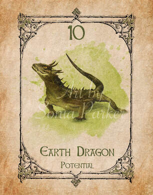 Earth Dragon,Animal Spirit Guide, Oracle Card, Earth Dragon number 10 Earth set. Dragon is green with hints of blue across his back, it stands with four feet placed firmly into the earth. A grin waiting to be a smile, it is welcoming and inviting.
