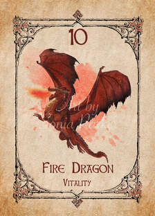 Fire dragon, animal spirit guide, Oracle Card, number 10 of the water set. Dragon is all shades of red and is high and ready to swoop. From the animal spirit oracle deck by The Spiritual Centre.