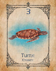 Turtle, Animal Spirit Guide, Oracle Card, Turtle number 3 of the Water set. Brown leatherback turtle swimming