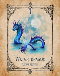 water dragon, animal spirit guide, Oracle Card, number 10 of the water set. Dragon is blue and green, she is resting in the waters. From the animal spirit oracle deck by The Spiritual Centre.