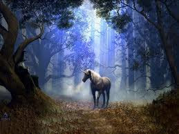 Unicorn in the distance on a path through the forest