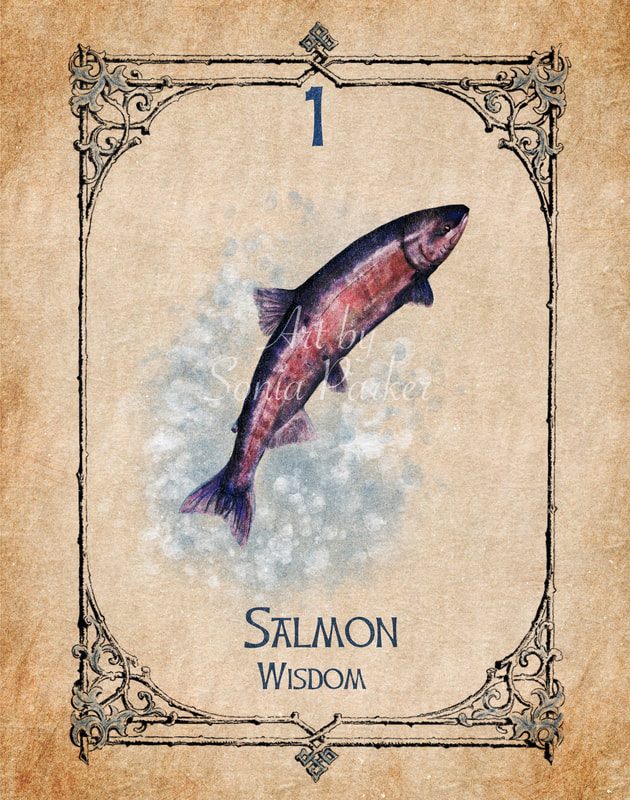 Salmon, Animal Spirit Guide, Oracle Card, Salmon number 1 of the Water set. Salmon leaping from a stream, beautiful colours of the rainbow sparkling in the sun