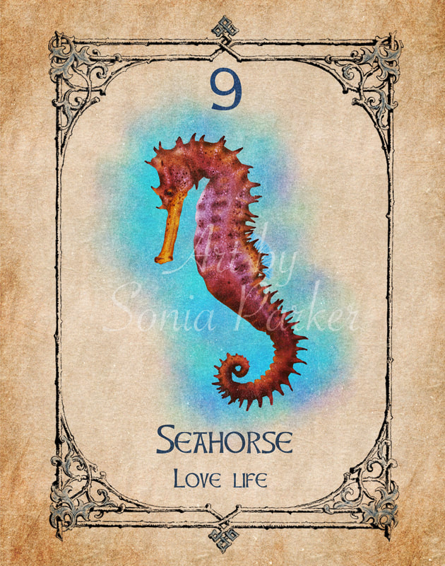 A side view of seahorse in a beautiful pool of blue. Seahorse animal Spirit Oracle card 2 Water Set.