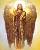 A golden image of a winged angel facing you, surrounded in gold and dressed in gold