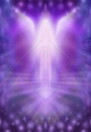 A white flourescent image of an winged angel against a purple smudged background. I am pulled towards arch-angel Gabriel.