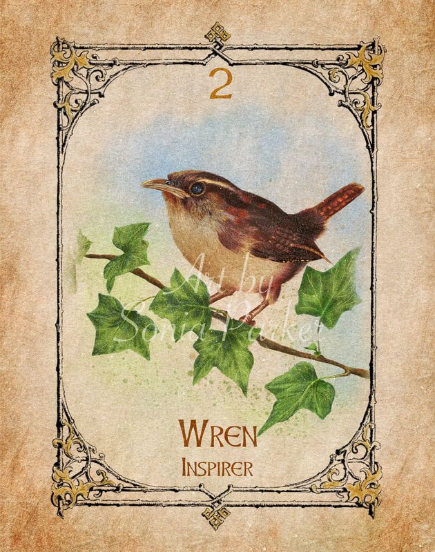Wren, Animal Spirit Guide, Oracle Card, Wren number 2 of the Air set. A Wren sitting on a holly branch, in full plumage every shade of brown imaginable